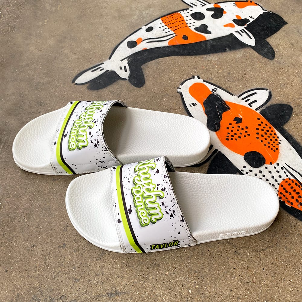 Team wearing matching custom slides